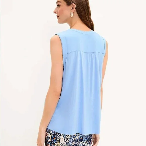 NEW Loft L Blue Henley Shell Blouse Top Cottage Coquette Soft Girl Office Pastel - Picture 2 of 5